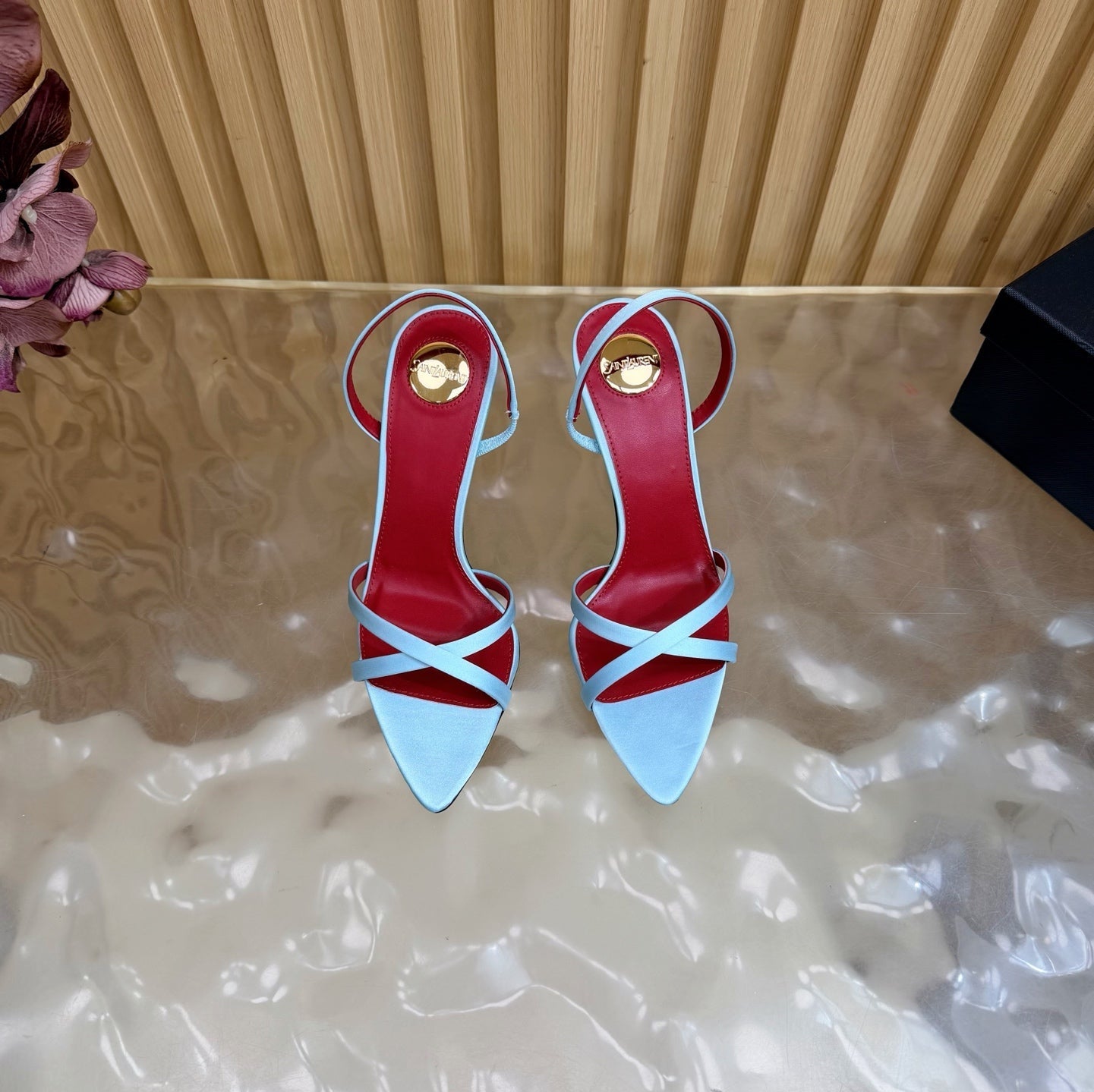 YSL 26S HIGH-HEELED SANDALS 90 MM IN SKY BLUE SATIN