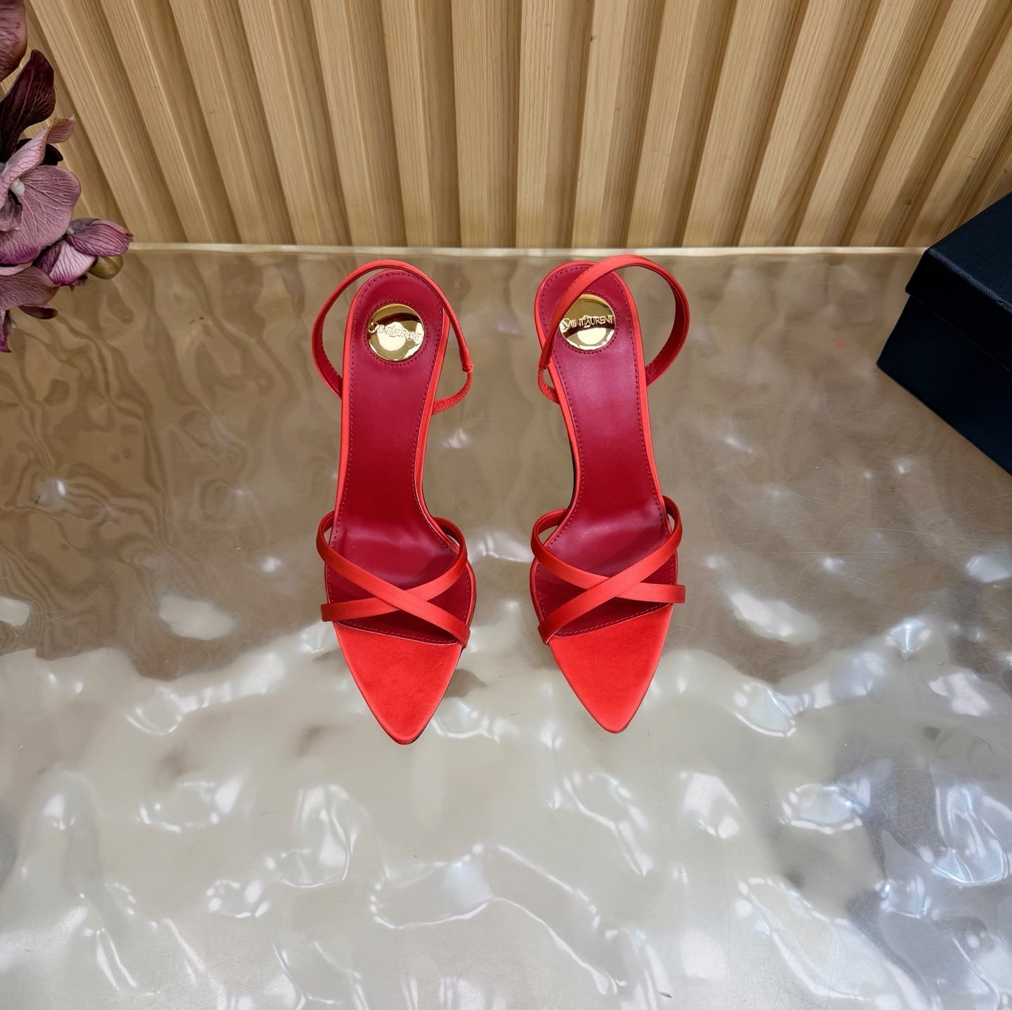 YSL 26S HIGH-HEELED SANDALS 90 MM IN RED SATIN