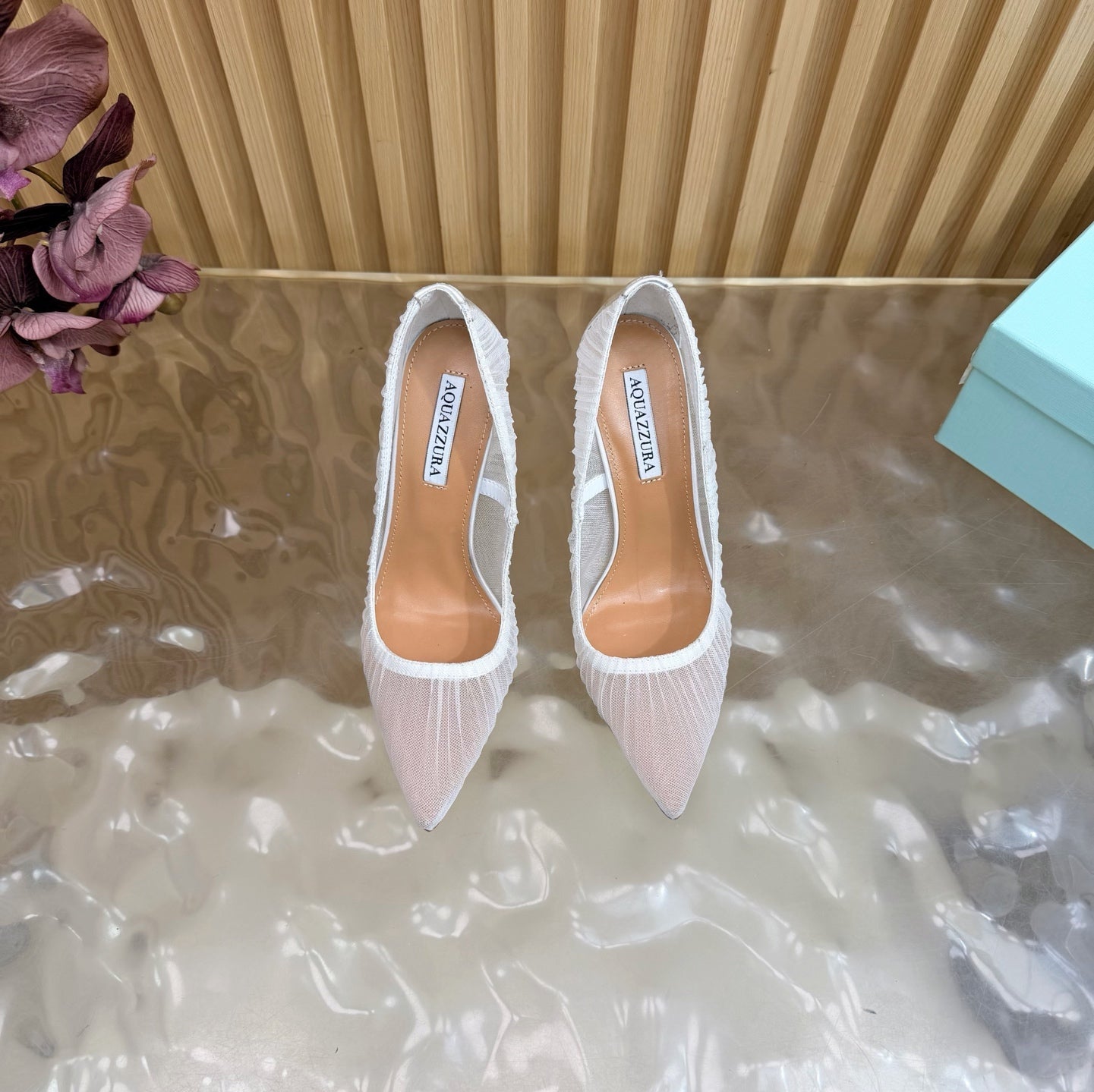 AQUAZZURA 26S HIGH HEELS 105 MM IN WHITE LACE MESH AND SATIN