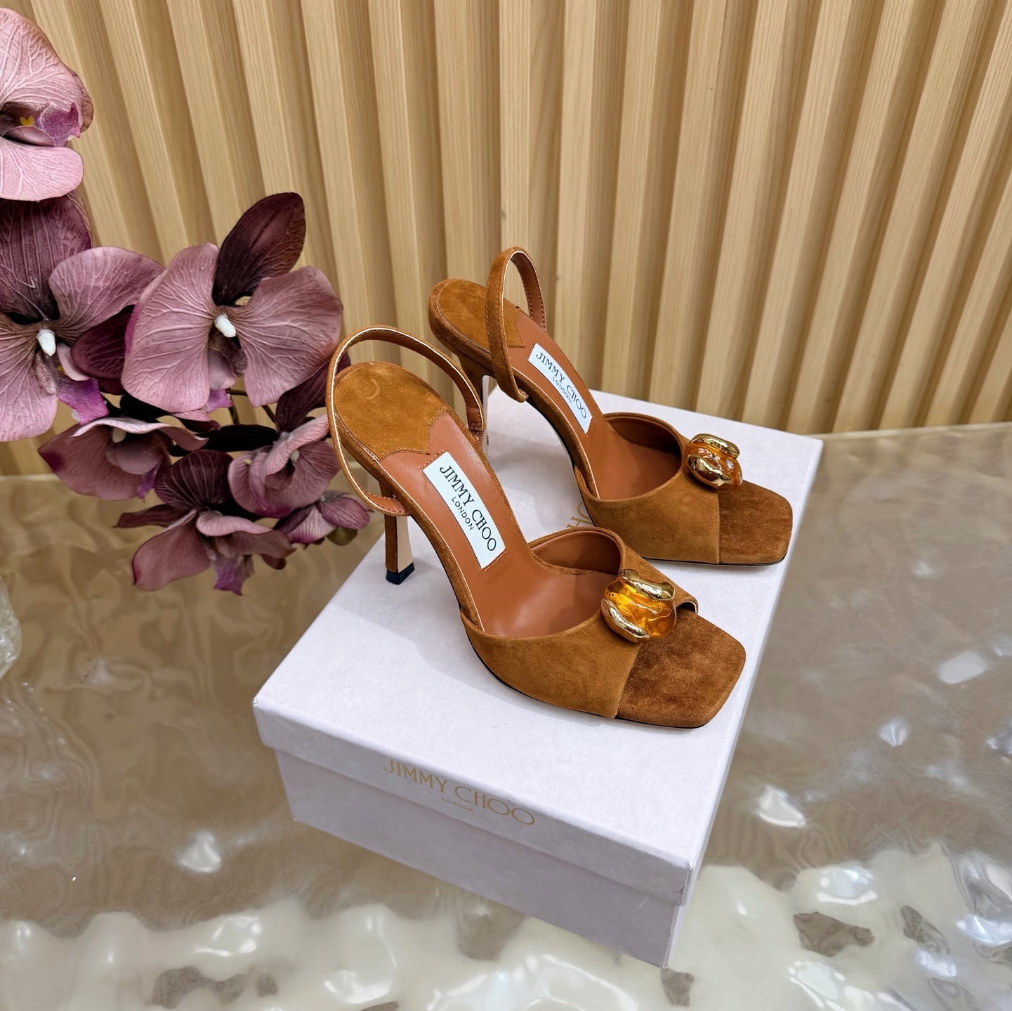 JIMMY CHOO 26S HIGH-HEEL SANDALS 100 MM IN BROWN SUEDE STONE EMBELLISHMENT