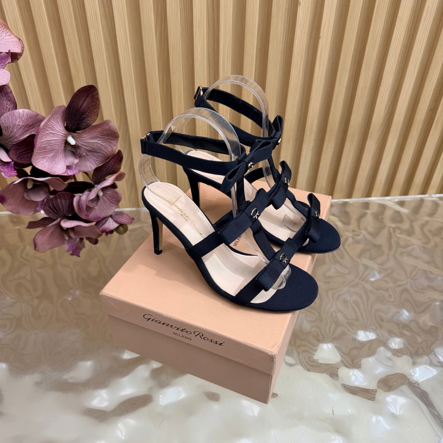 GIANVITO ROSSI 26S BOW STRAP HIGH-HEEL SANDALS 85 MM IN BLACK FABRIC
