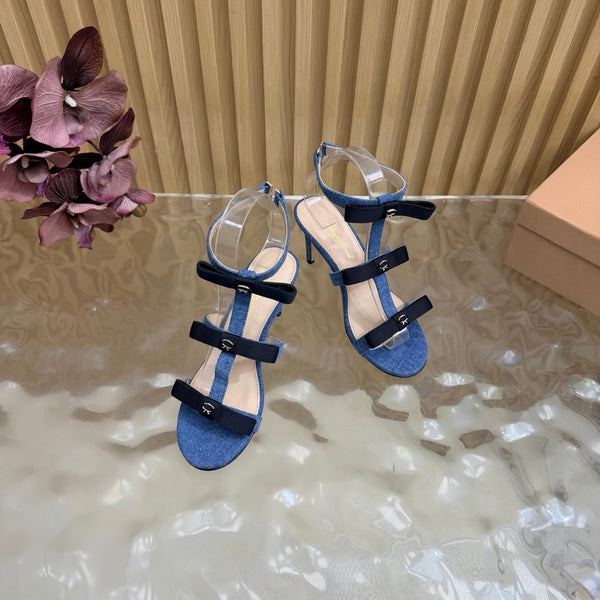 GIANVITO ROSSI 26S BOW STRAP HIGH-HEEL SANDALS 85 MM IN BLUE DENIM