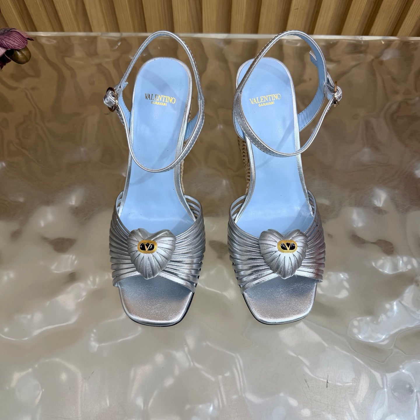 VALENTINO 26S WEDGE SANDAL 85 MM IN SILVER CALFSKIN