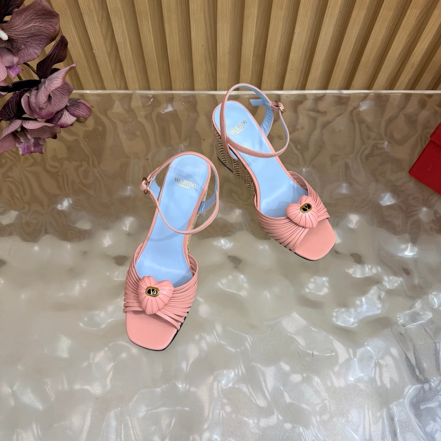 VALENTINO 26S WEDGE SANDAL 85 MM IN LIGHT PINK CALFSKIN