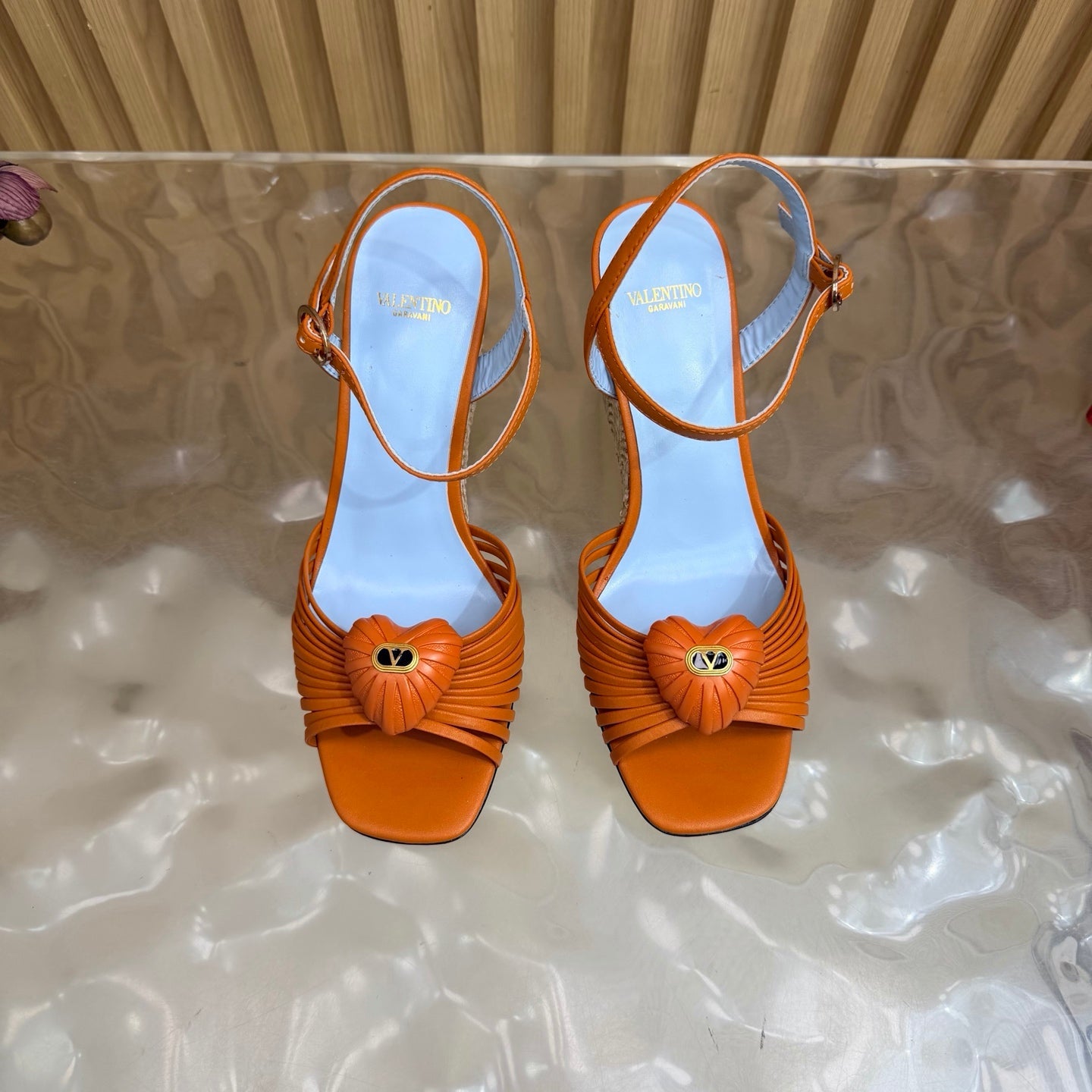 VALENTINO 26S WEDGE SANDAL 85 MM IN ORANGE CALFSKIN
