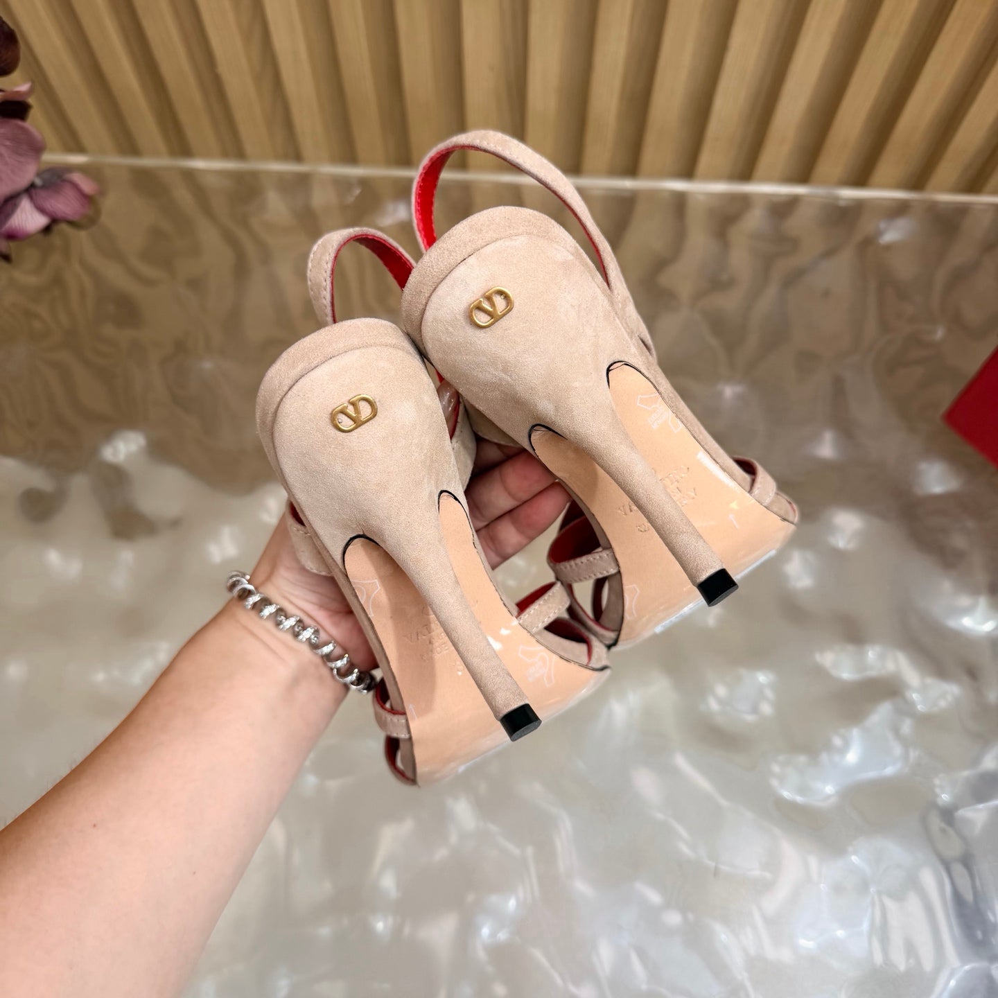VALENTINO 26S STRAPPER HEEL SANDALS 100 MM IN BEIGE SUEDE