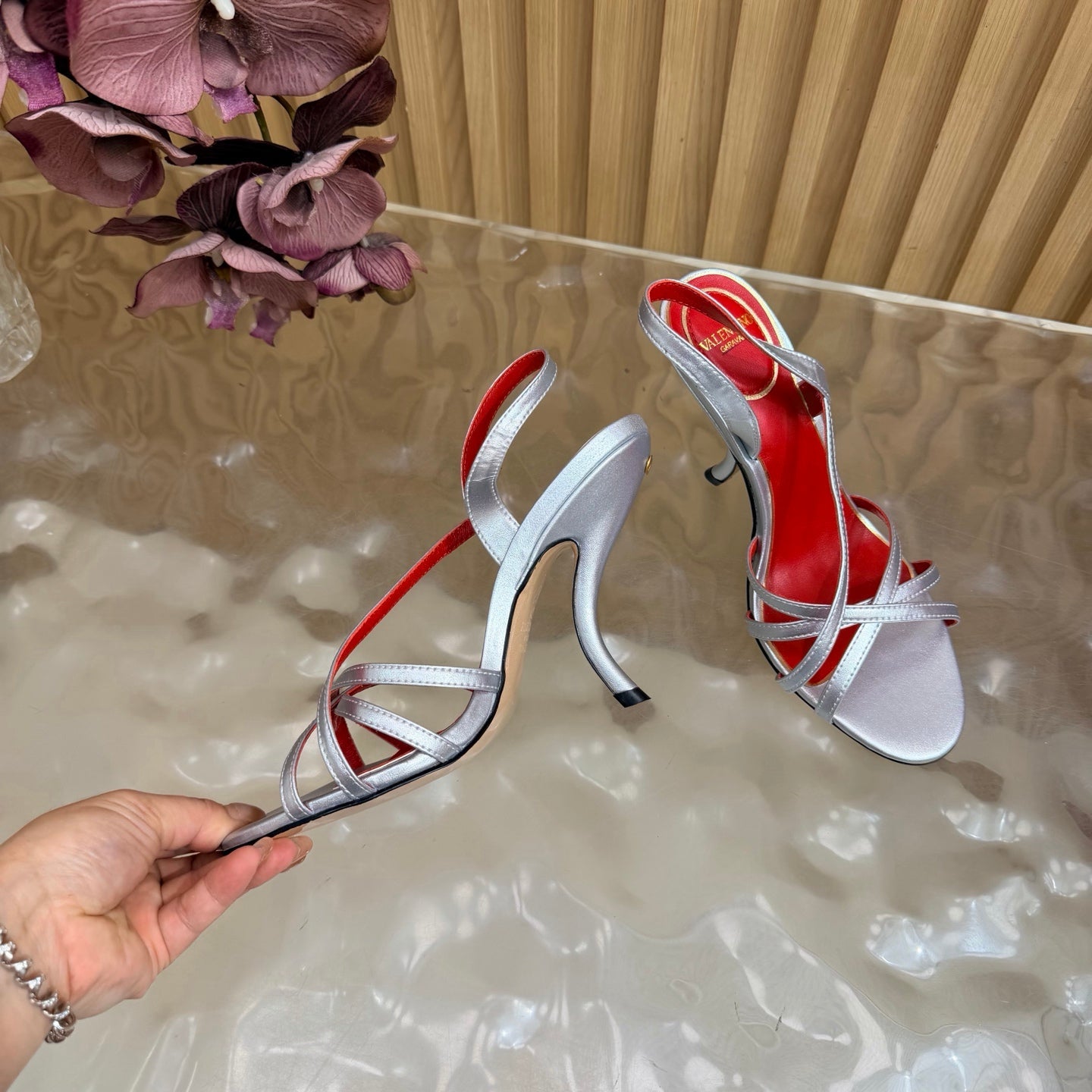VALENTINO 26S STRAPPER HEEL SANDALS 100 MM IN SILVER CALFSKIN