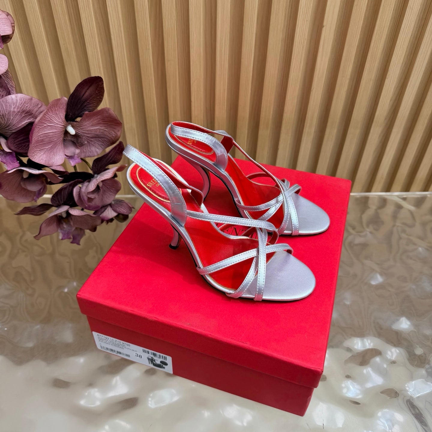 VALENTINO 26S STRAPPER HEEL SANDALS 100 MM IN SILVER CALFSKIN