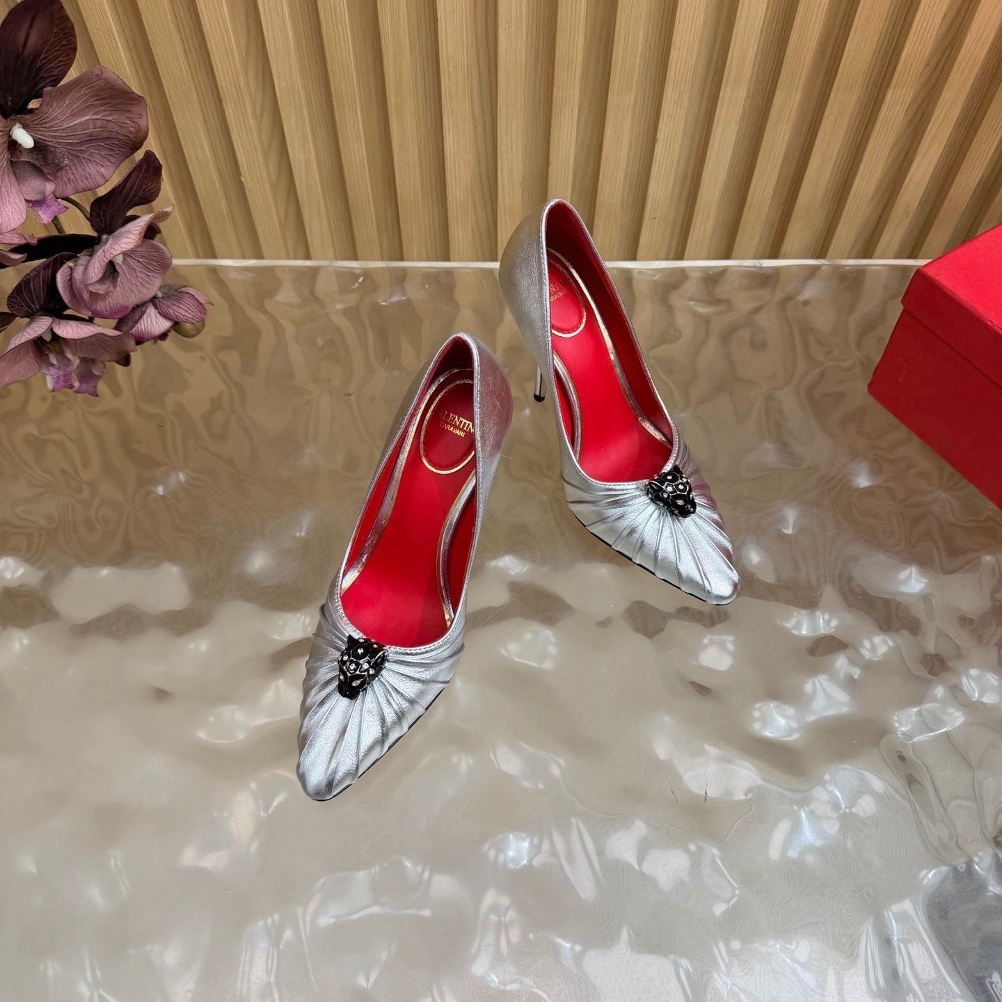 VALENTINO 26S HIGH-HEEL 100 MM IN SILVER GATHERED CALFSKIN