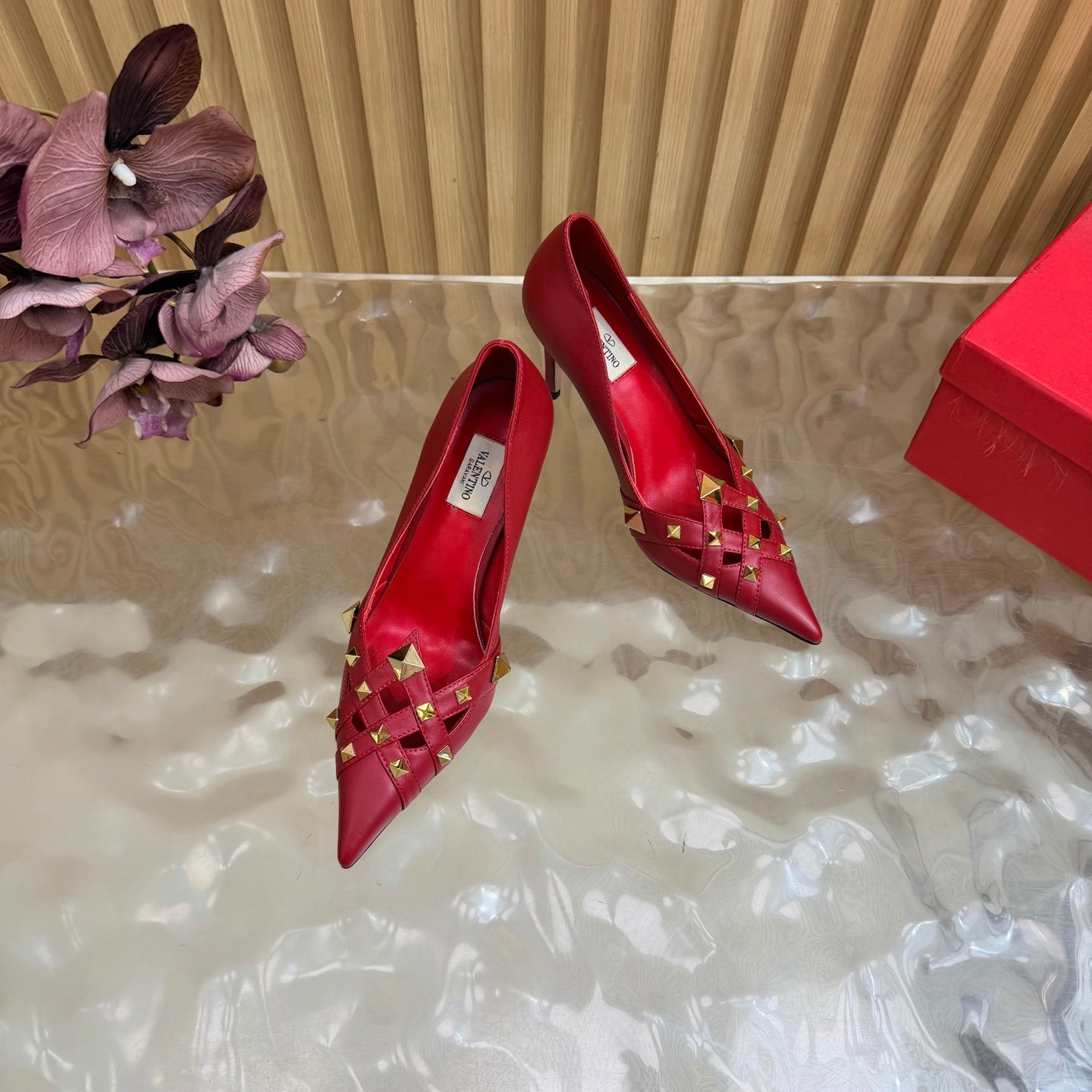 VALENTINO 26S STUDDED POINTED TOE PUMPS 90 MM IN RED CALFSKIN