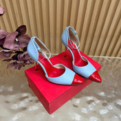 VALENTINO 26S ANKLE-STRA PUMPS 100 MM IN LIGHT BLUE AND RED CALFSKIN