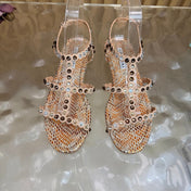 AQUAZZURA 26S FLAT SANDALS IN BEIGE SNAKESKIN CRYSTAL EMBELLISHED