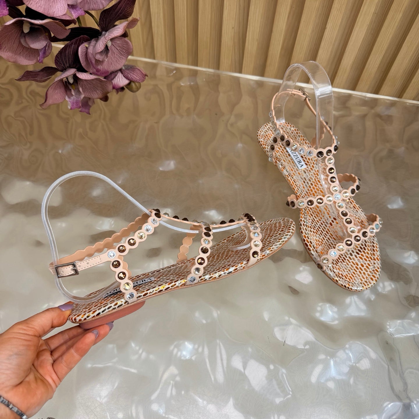 AQUAZZURA 26S FLAT SANDALS IN BEIGE SNAKESKIN CRYSTAL EMBELLISHED