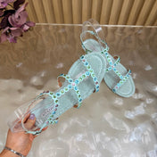 AQUAZZURA 26S FLAT SANDALS IN LIGHT BLUE SNAKESKIN CRYSTAL EMBELLISHED
