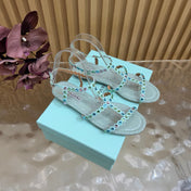 AQUAZZURA 26S FLAT SANDALS IN LIGHT BLUE SNAKESKIN CRYSTAL EMBELLISHED