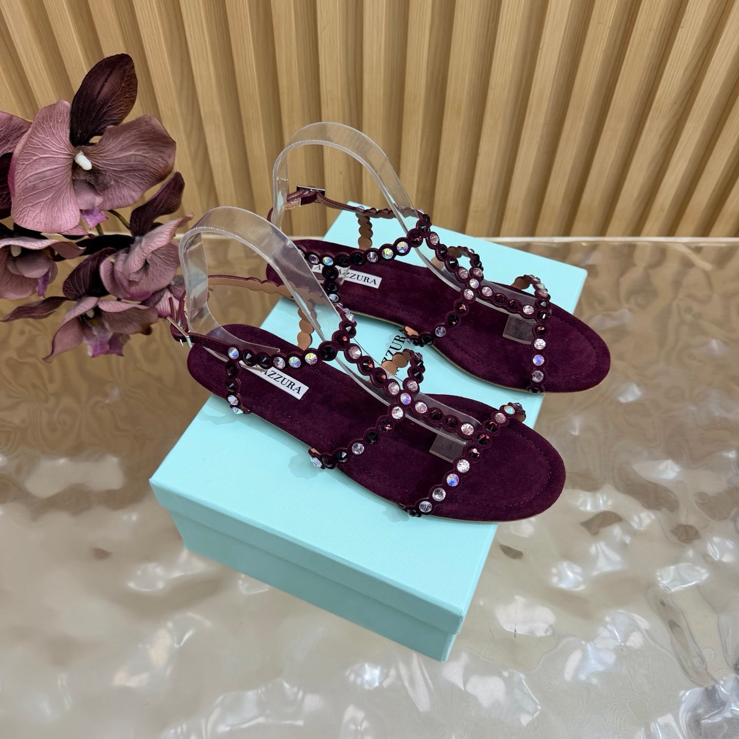 AQUAZZURA 26S FLAT SANDALS IN BURGUNDY SUEDE CRYSTAL EMBELLISHED