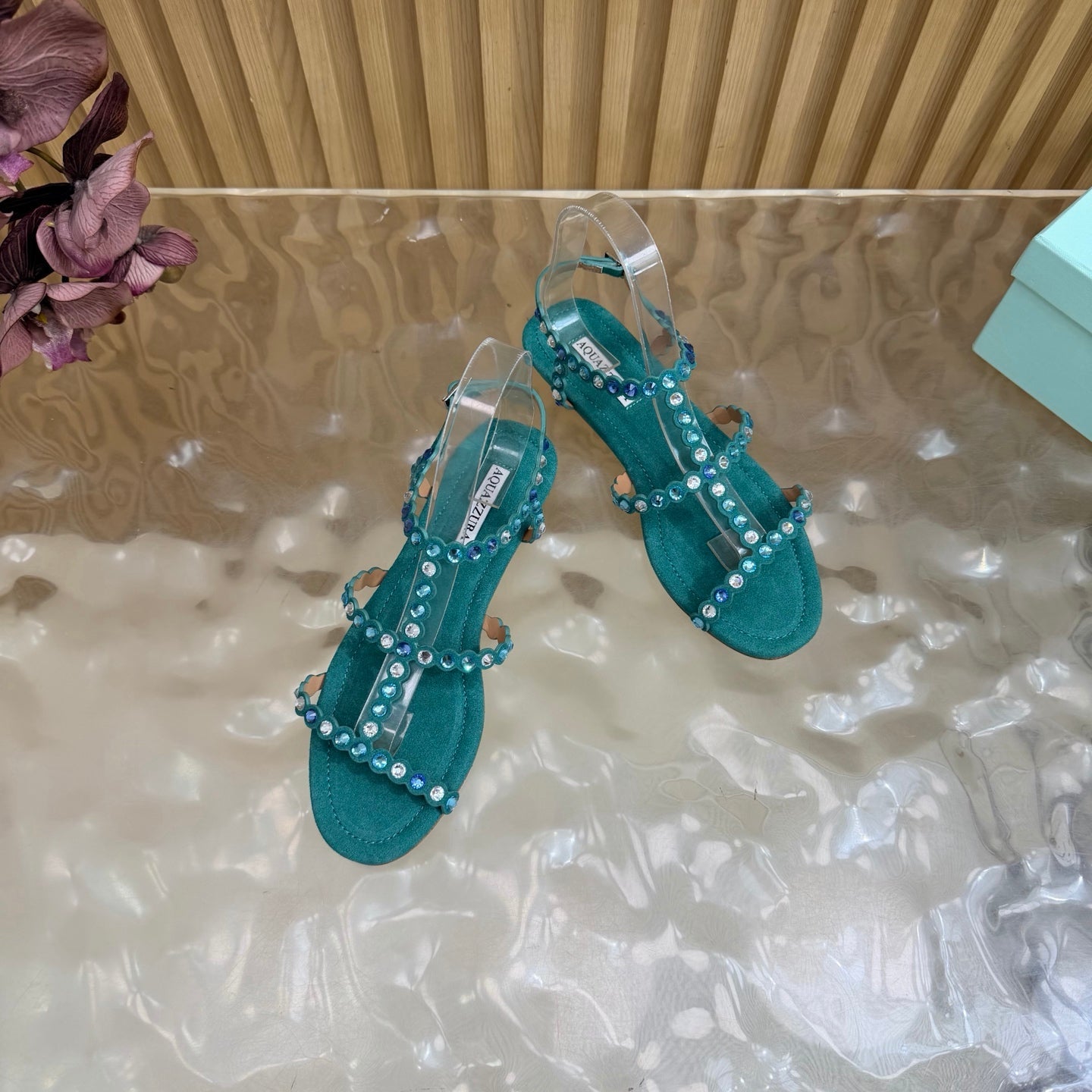AQUAZZURA 26S FLAT SANDALS IN TEAL GREEN SUEDE CRYSTAL EMBELLISHED
