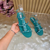 AQUAZZURA 26S FLAT SANDALS IN TEAL GREEN SUEDE CRYSTAL EMBELLISHED