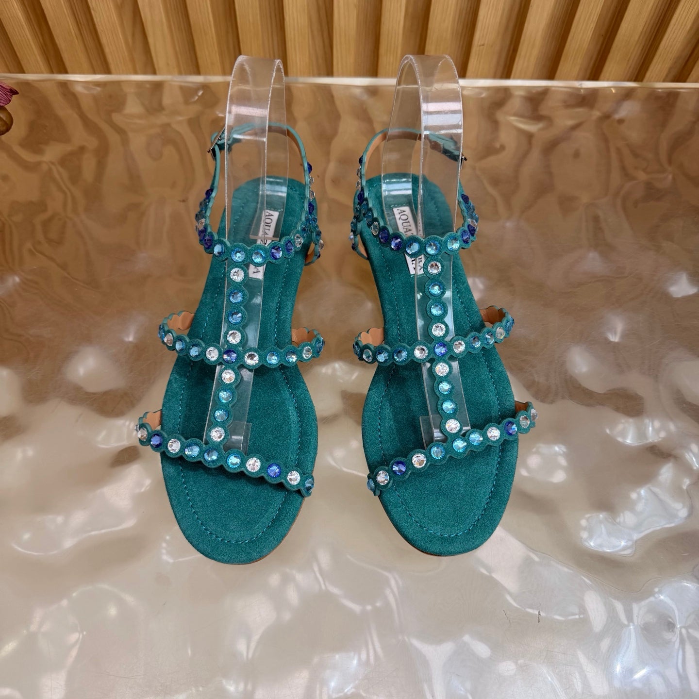 AQUAZZURA 26S FLAT SANDALS IN TEAL GREEN SUEDE CRYSTAL EMBELLISHED