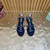 AQUAZZURA 26S FLAT SANDALS IN NAVY BLUE SUEDE CRYSTAL EMBELLISHED