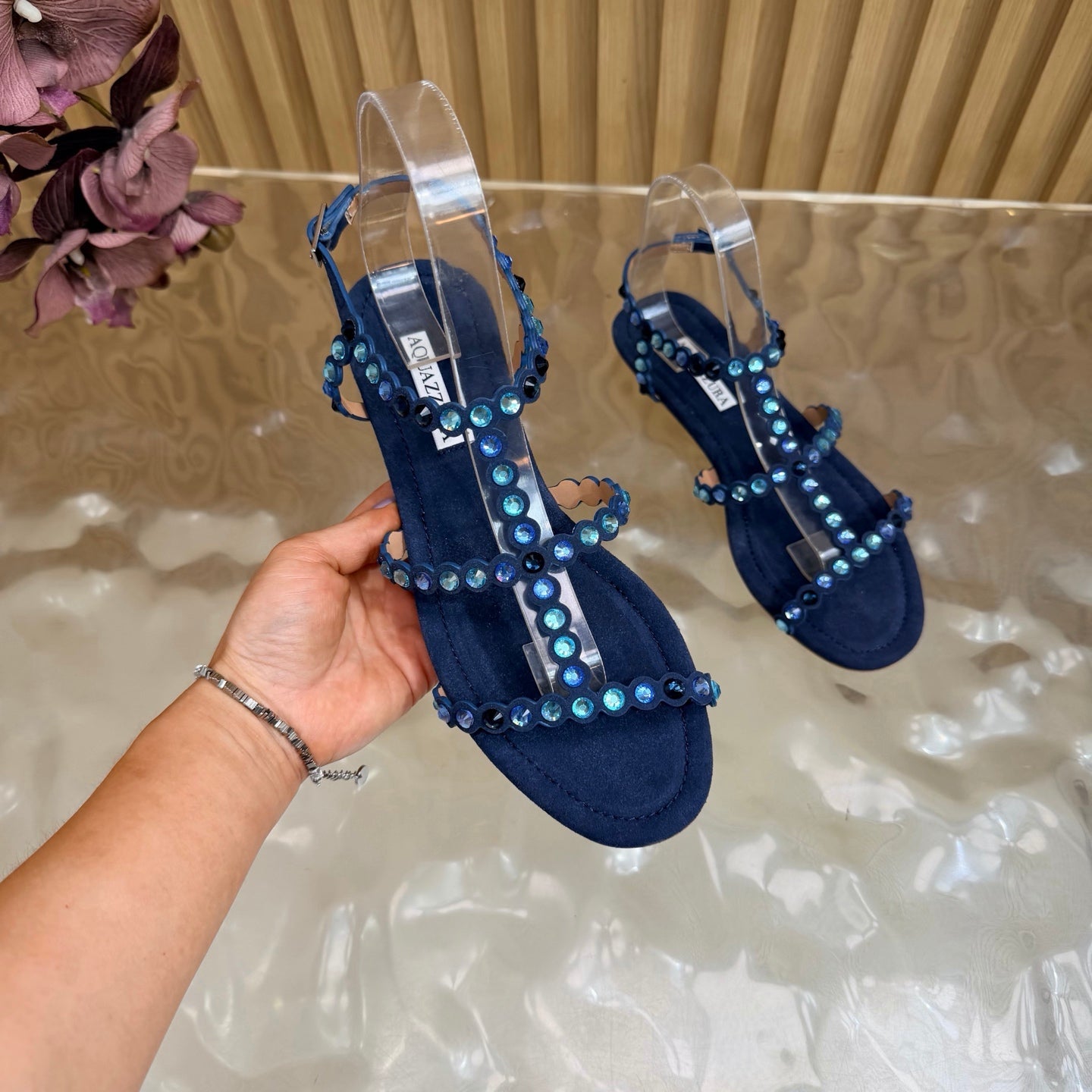 AQUAZZURA 26S FLAT SANDALS IN NAVY BLUE SUEDE CRYSTAL EMBELLISHED
