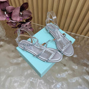 AQUAZZURA 26S FLAT SANDALS IN SILVER CALFKSIN CRYSTAL EMBELLISHED