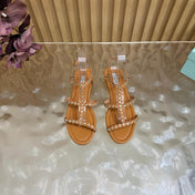 AQUAZZURA 26S FLAT SANDALS IN LIGHT BROWN CALFKSIN CRYSTAL EMBELLISHED