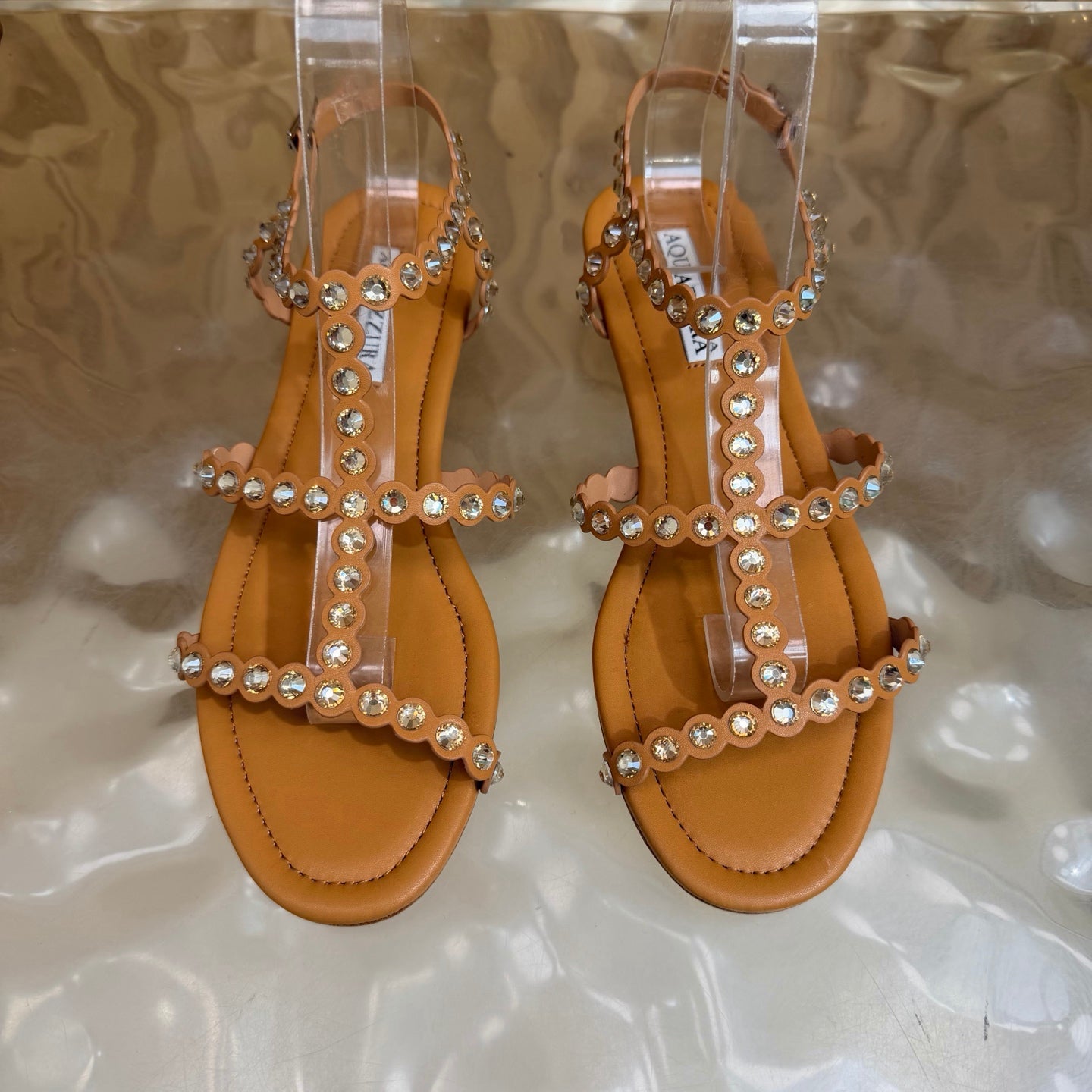 AQUAZZURA 26S FLAT SANDALS IN LIGHT BROWN CALFKSIN CRYSTAL EMBELLISHED