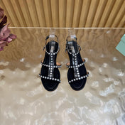 AQUAZZURA 26S FLAT SANDALS IN BLACK CALFKSIN CRYSTAL EMBELLISHED