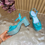 VALENTINO 26S PLATFORM SANDALS 90 MM IN LIGHT BLUE CALFSKIN BEIGE WOVEN FABRIC