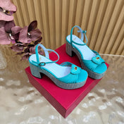 VALENTINO 26S PLATFORM SANDALS 90 MM IN LIGHT BLUE CALFSKIN BEIGE WOVEN FABRIC
