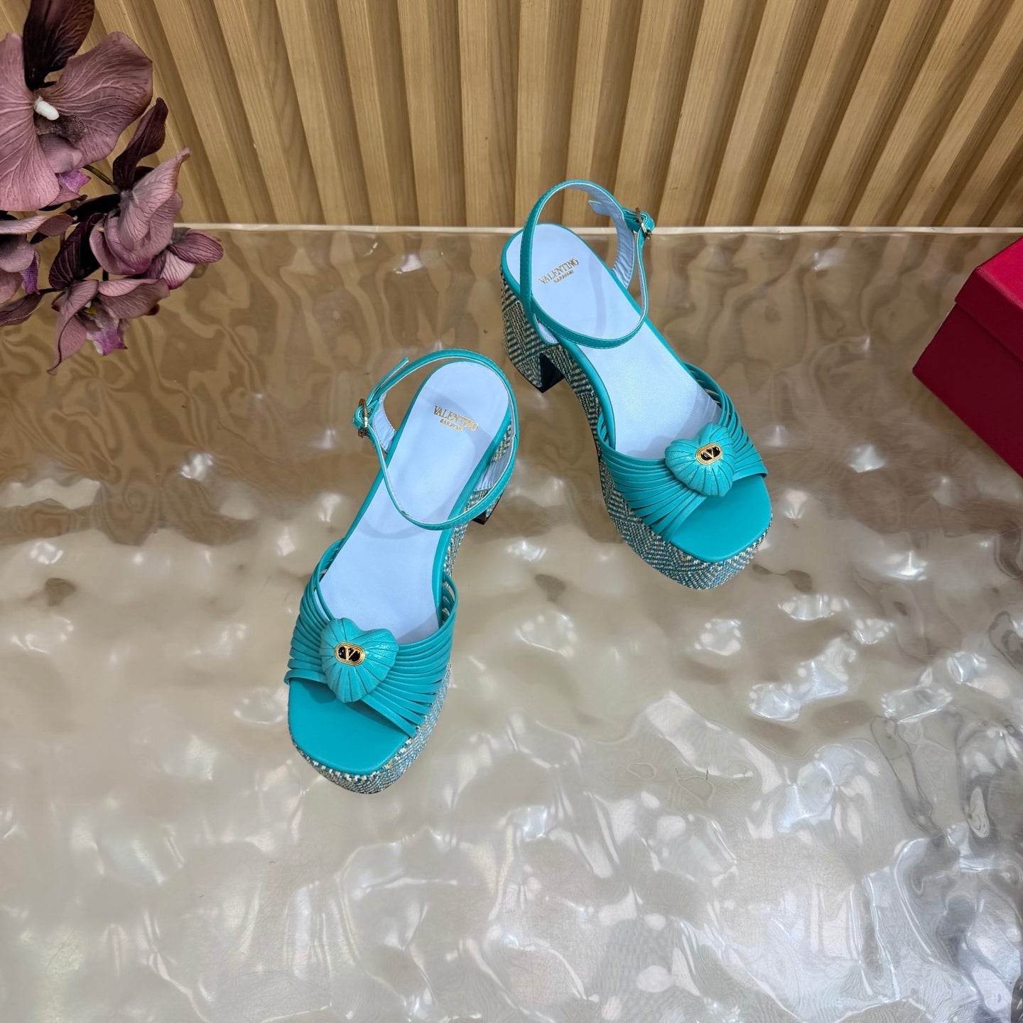 VALENTINO 26S PLATFORM SANDALS 90 MM IN LIGHT BLUE CALFSKIN BEIGE WOVEN FABRIC