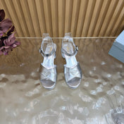 PRADA 26S BLOCK HEEL SANDALS 75 MM IN SILVER CALFSKIN