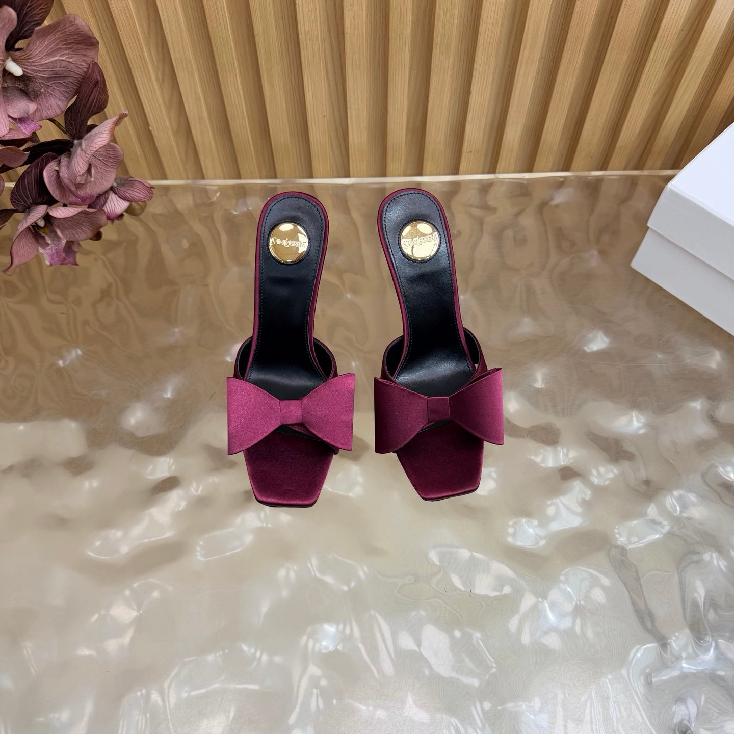 YSL 26S HIGH HEEL SANDALS 90 MM IN BURGUNDY SILK WITH OVERSIZED BOW EMBELLISHMENT
