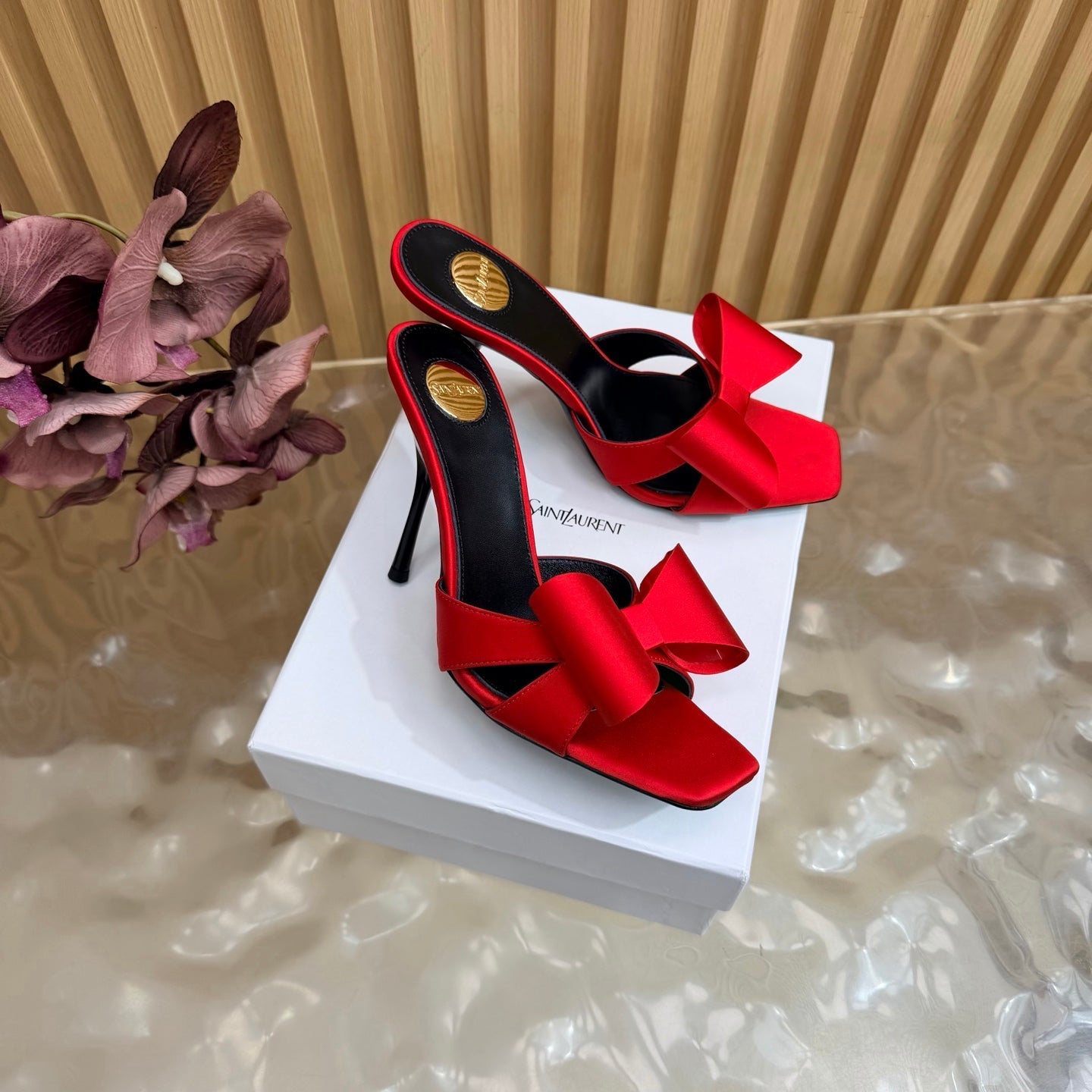 YSL 26S HIGH HEEL SANDALS 90 MM IN RED SILK WITH OVERSIZED BOW EMBELLISHMENT