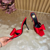 YSL 26S HIGH HEEL SANDALS 90 MM IN RED SILK WITH OVERSIZED BOW EMBELLISHMENT