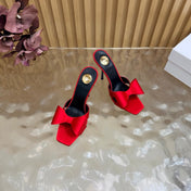 YSL 26S HIGH HEEL SANDALS 90 MM IN RED SILK WITH OVERSIZED BOW EMBELLISHMENT