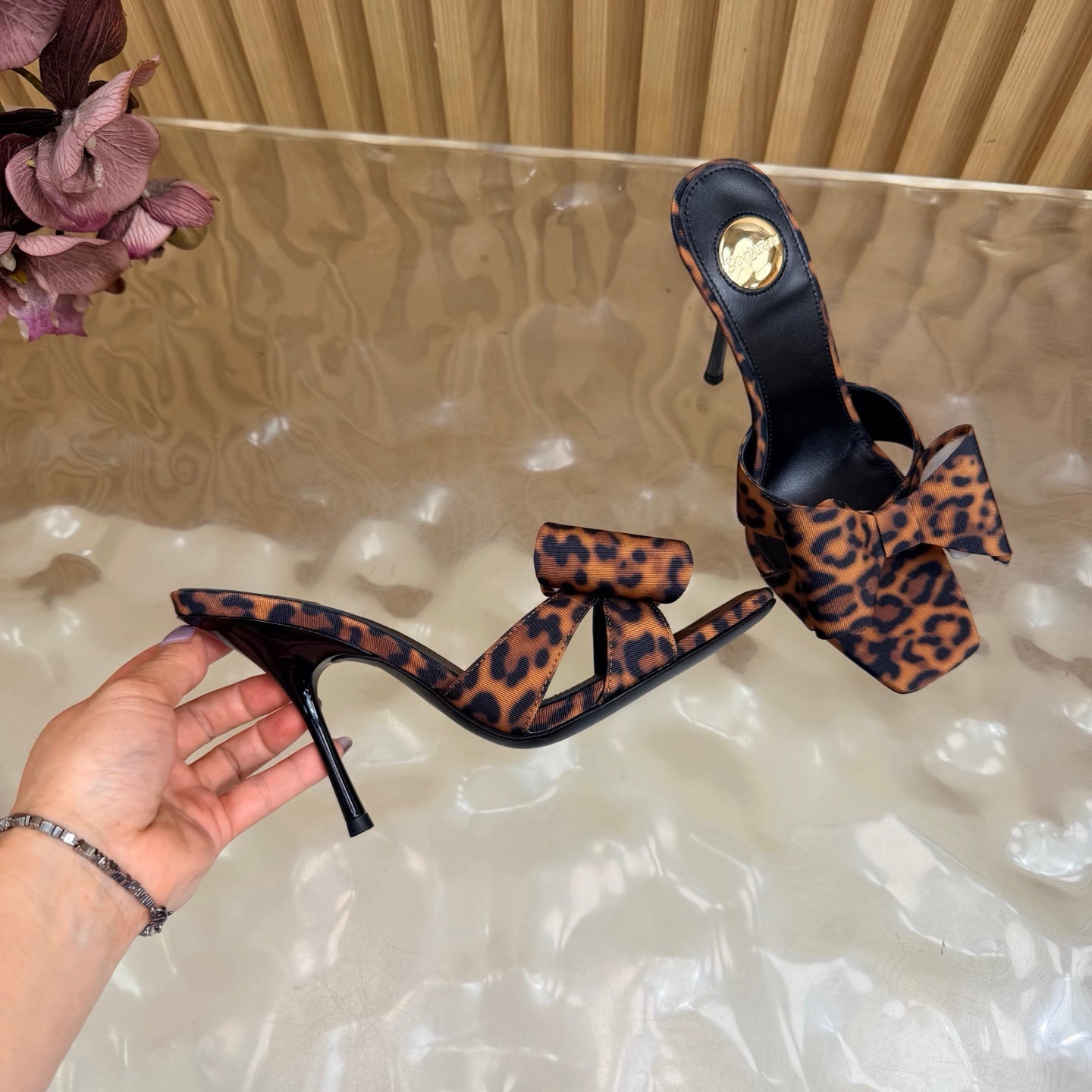 YSL 26S HIGH HEEL SANDALS 90 MM IN BLACK AND BROWN FABRIC WITH OVERSIZED BOW EMBELLISHMENT
