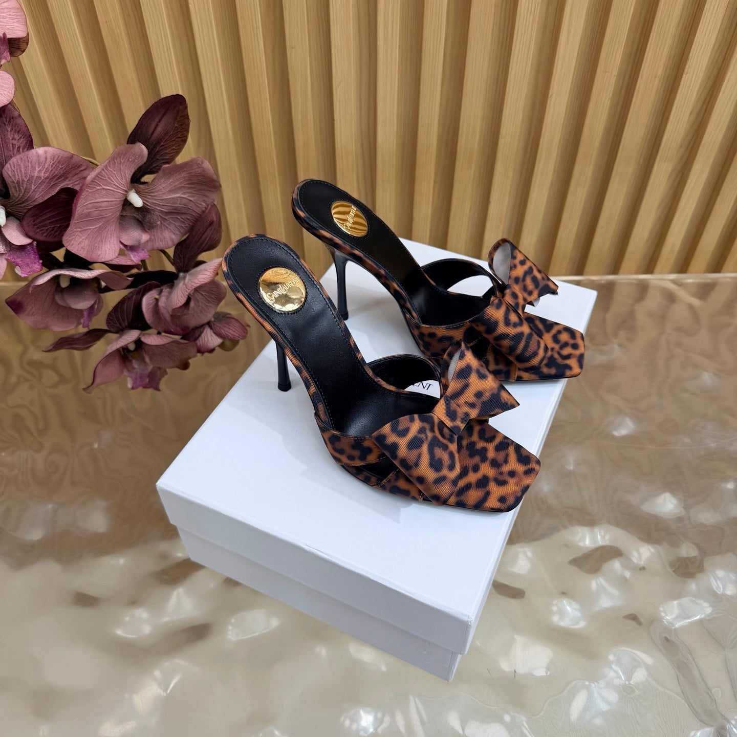 YSL 26S HIGH HEEL SANDALS 90 MM IN BLACK AND BROWN FABRIC WITH OVERSIZED BOW EMBELLISHMENT