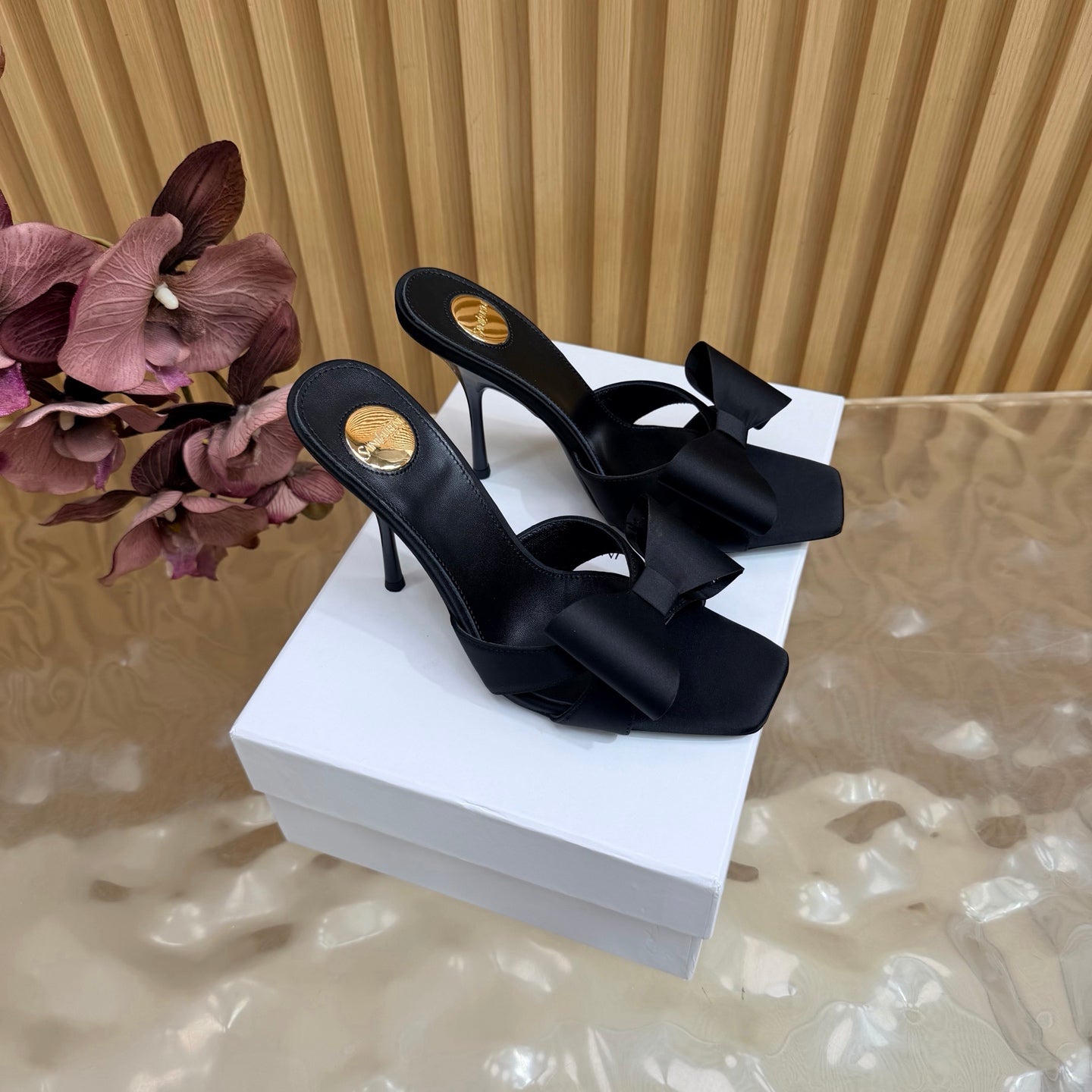 YSL 26S HIGH HEEL SANDALS 90 MM IN BLACK SILK WITH OVERSIZED BOW EMBELLISHMENT