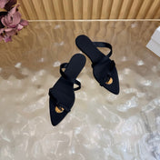 YSL 26S THONG SANDALS IN BLACK CALFSKIN WITH GOLD TONE LOGO EMBELLISHMENT