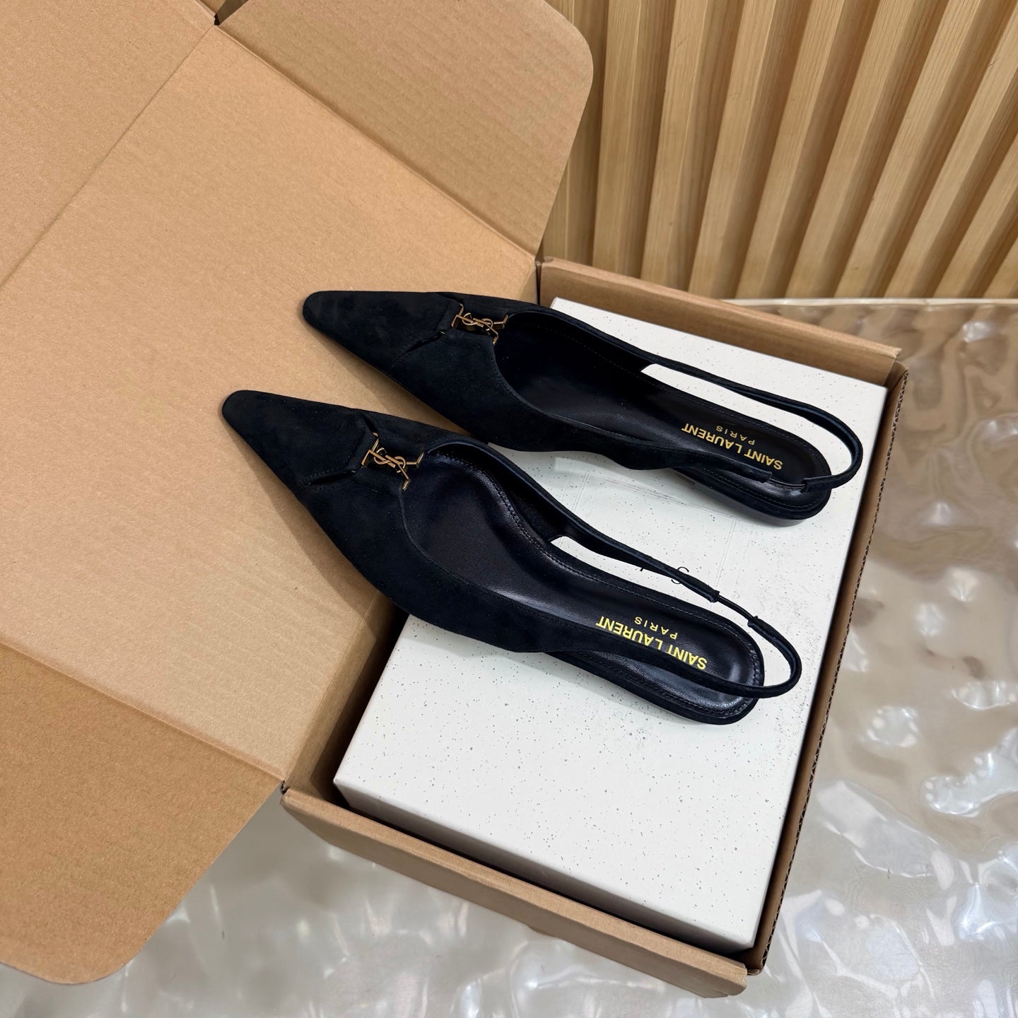 YSL 26S SLINGBACK FLATS IN BLACK SUEDE