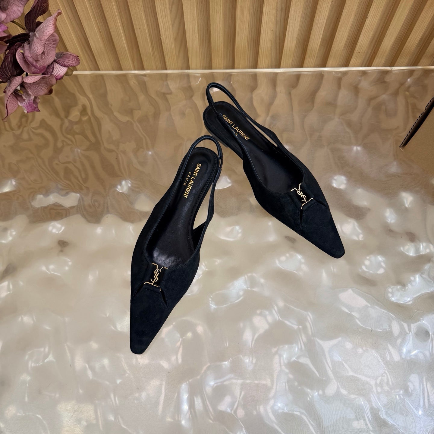 YSL 26S SLINGBACK FLATS IN BLACK SUEDE