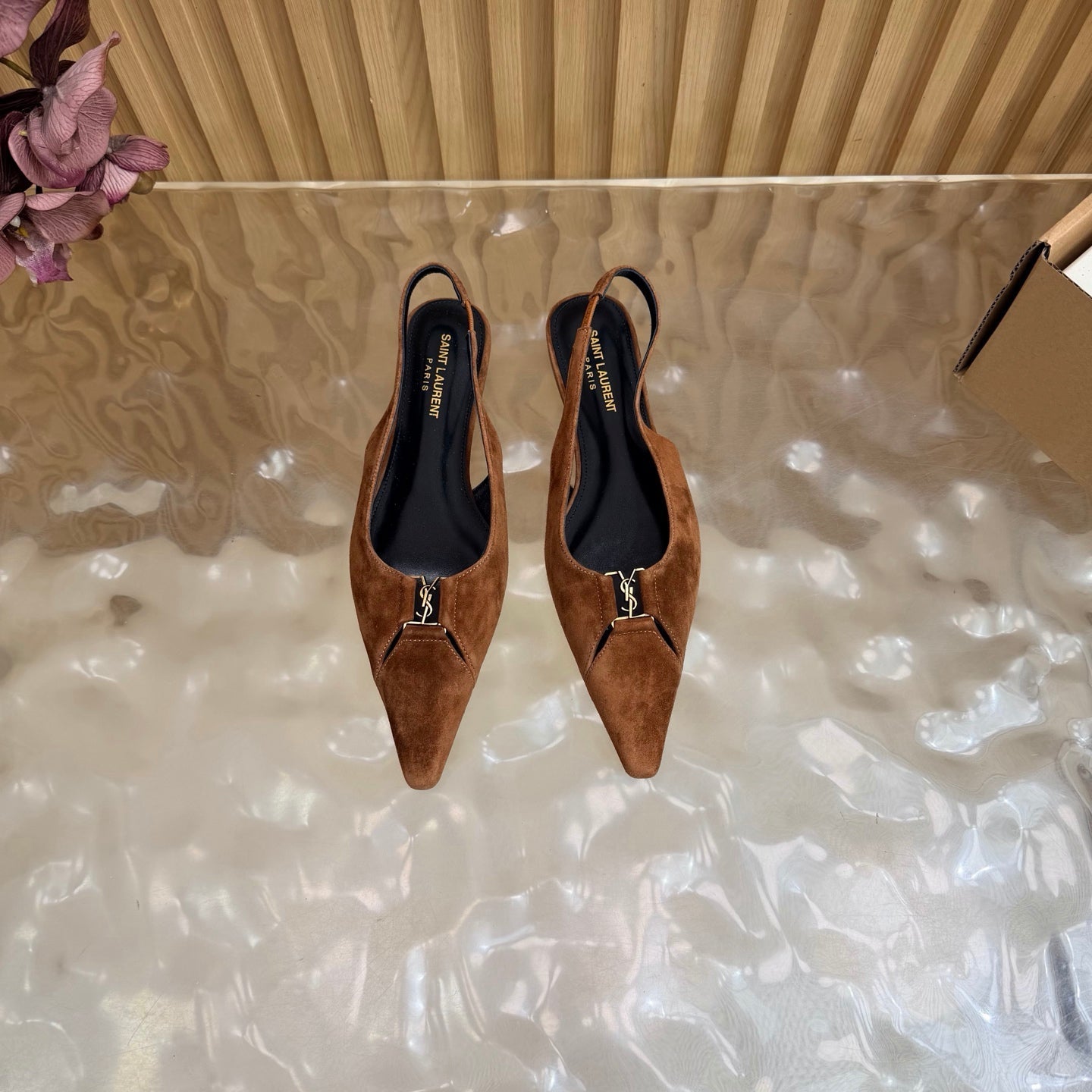 YSL 26S SLINGBACK FLATS IN BROWN SUEDE