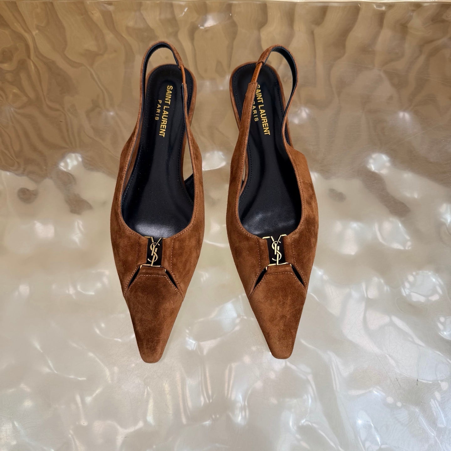 YSL 26S SLINGBACK FLATS IN BROWN SUEDE