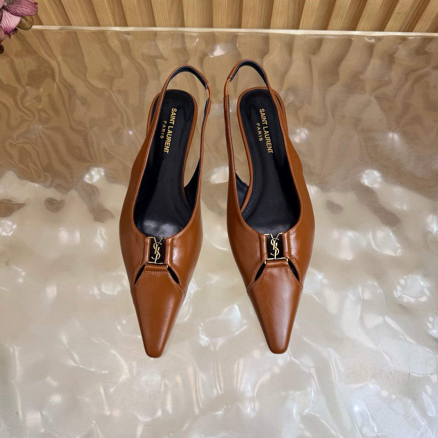 YSL 26S SLINGBACK FLATS IN BROWN CALFSKIN