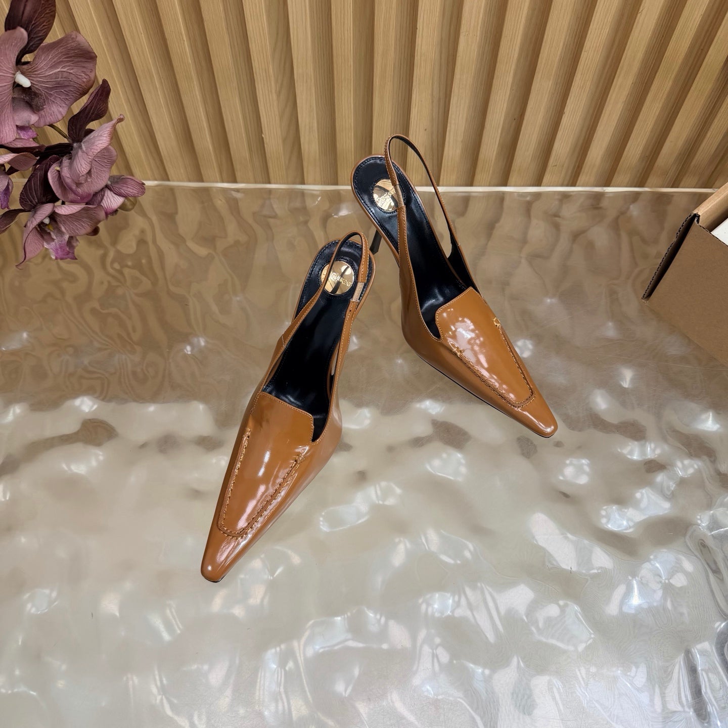 YSL 26S HIGH HEEL SLINGBACK PUMPS 110 MM IN BROWN CALFSKIN