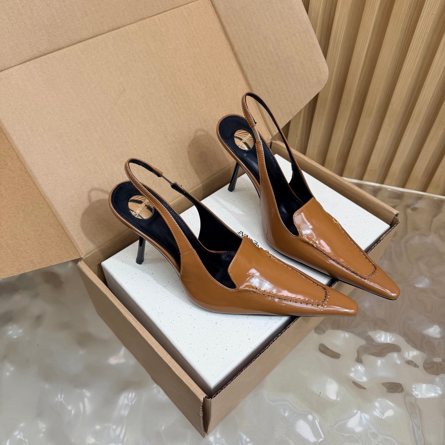 YSL 26S HIGH HEEL SLINGBACK PUMPS 110 MM IN BROWN CALFSKIN