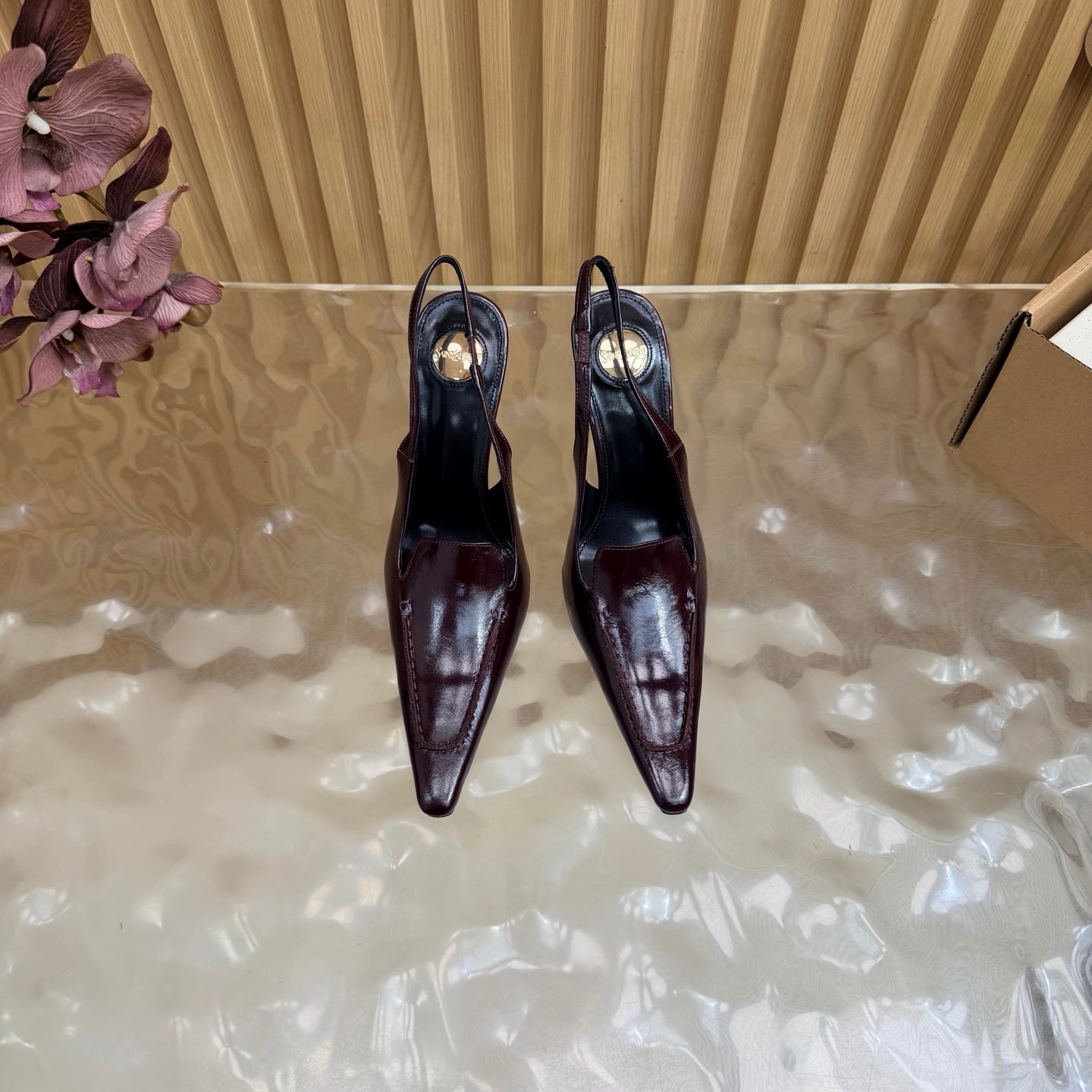 YSL 26S HIGH HEEL SLINGBACK PUMPS 110 MM IN BURGUNDY CALFSKIN
