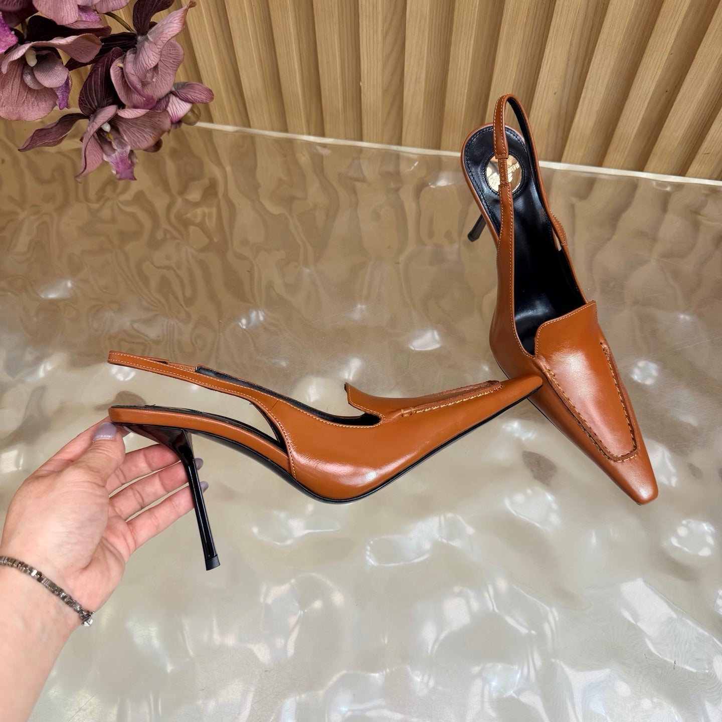 YSL 26S HIGH HEEL SLINGBACK PUMPS 110 MM IN BROWN CALFSKIN